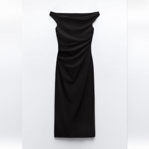 Elegant Black Off-Shoulder Midi Draped Dress